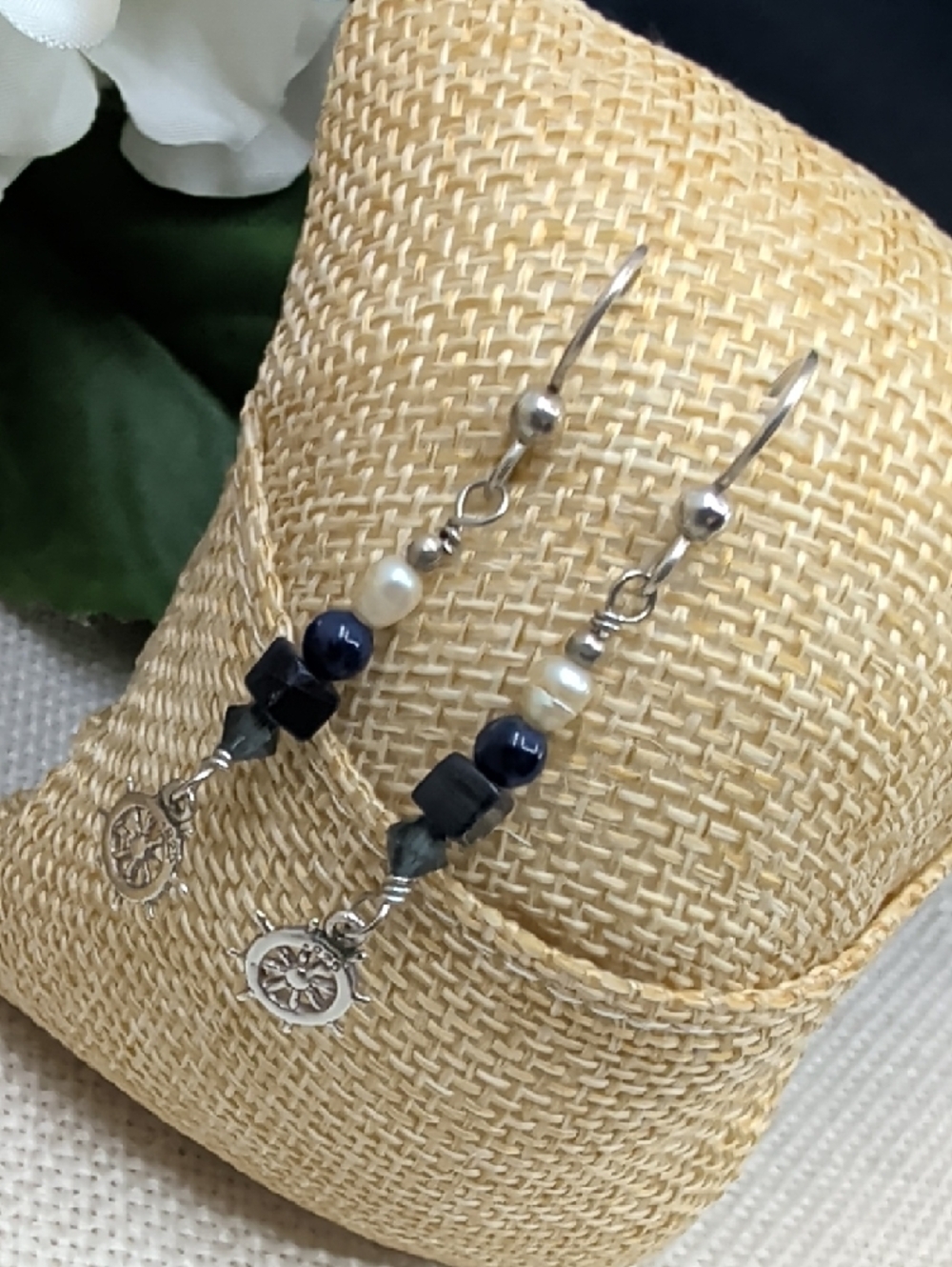 Sterling Silver Nautical Wheel Dangle Earrings with Navy and Pearl Beads - Picture 10 of 17
